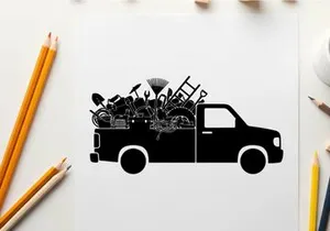 Silhouette of a truck loaded with various tools and equipment