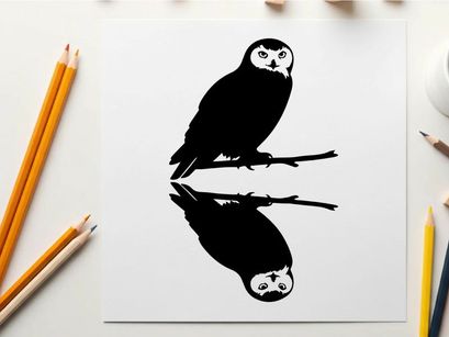 Silhouette of an owl perched on a branch with reflection