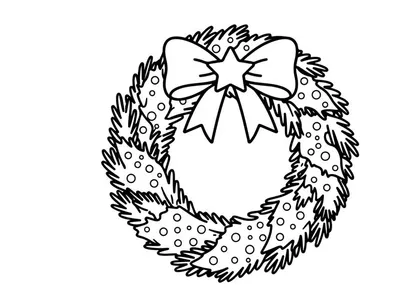 Christmas wreath line art illustration with a decorative bow and star for holiday design.