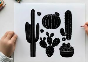 Black silhouette cacti and flowers on white background
