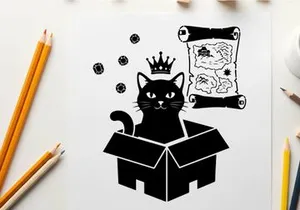 A black cat silhouette wearing crown emerges from box