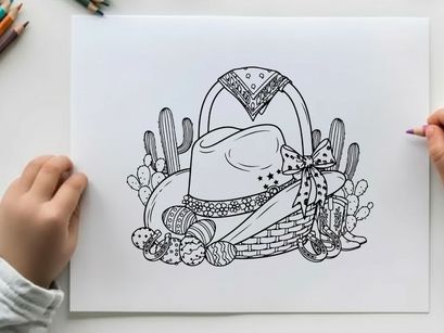 Western cowboy hat silhouette with cactus and basket