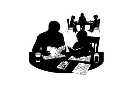Silhouette of two people reading at a table with others in background silhouette