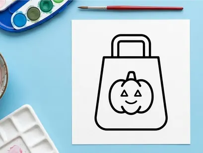 Wajah labu Halloween di tas belanja. Tote jack-o-lantern lucu untuk promosi ritel yang meriah.