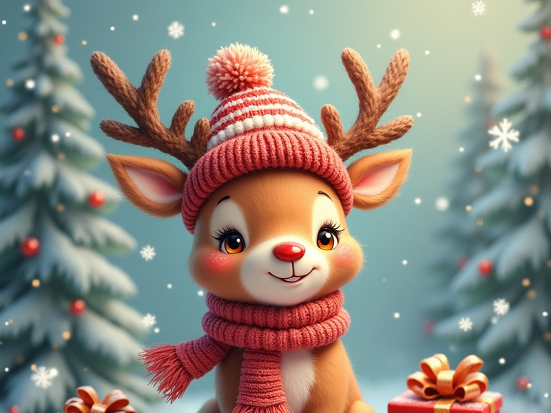 A cartoon reindeer wearing a knitted hat and scarf sits among gifts in a snowy forest.