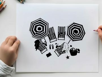 Beach setup silhouette with umbrellas towels and accessories preview picture