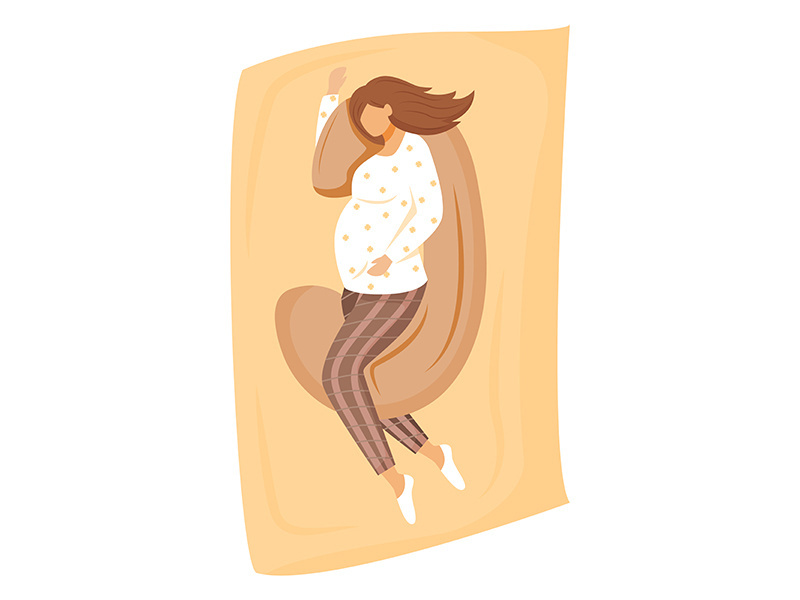 Pregnant woman sleeping on pregnancy pillow flat vector illustration