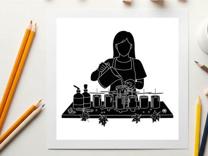 Silhouette of a woman mixing perfume in a laboratory setting with various bottles