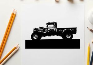 Silhouette of a classic pickup truck against a city skyline silhouette
