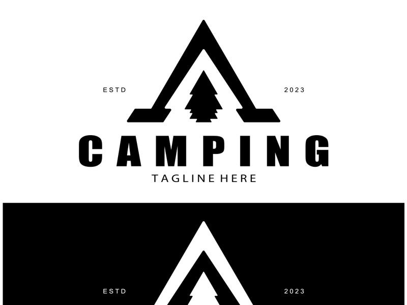 vintage and retro tent logo, camping. With tent, tree and bonfire sign. adventurers, scouts, climbers, camping equipment center