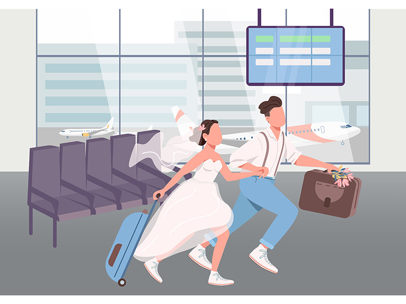 Newlyweds in airport terminal flat color vector illustration