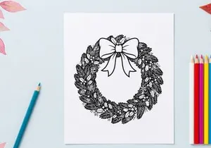 Christmas wreath with bow line art illustration for holiday coloring page design