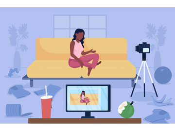 Vlogger in messy room flat color vector illustration preview picture