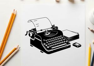 Vintage typewriter silhouette with paper and ribbon