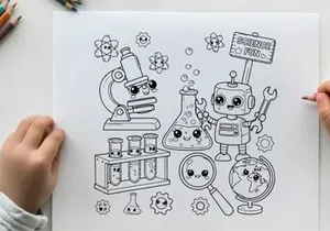 Cute science robot and lab tools vector illustration flat design