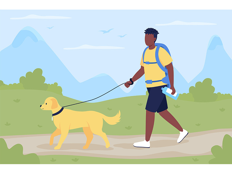 Trekker walk with dog companion flat color vector illustration