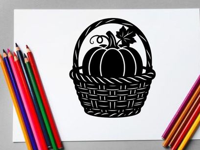Calabaza en Canasta con Hojas para Cosecha de Otoño y Decoración de Otoño
