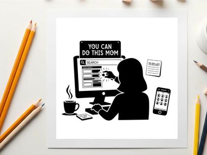 Silhouette of a woman working on computer with motivational screen