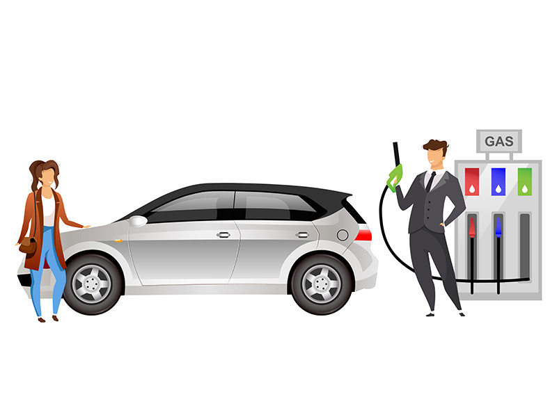 Couple at gas station flat color vector faceless characters