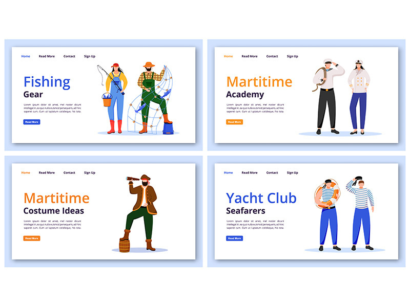 Maritime characters landing page vector templates set