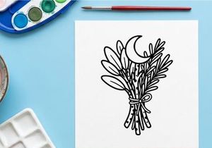 Hand-drawn Halloween olive branch bouquet with crescent moon. Spooky autumn botanical illustration for seasonal decor and invitations.
