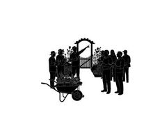 Silhouette of a group gathered around a hearse at a cemetery gate