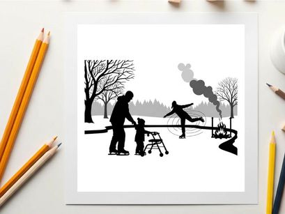 Silhouette of a man and child ice skating in a winter landscape
