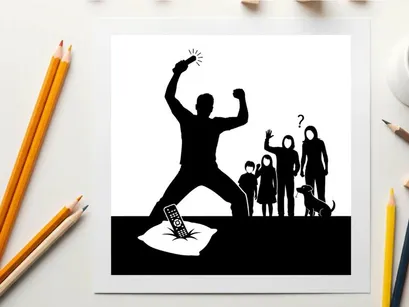 Silhouette of a man smashing tv with family in silhouette