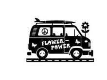 Flower power van silhouette with surfboard and peace sign