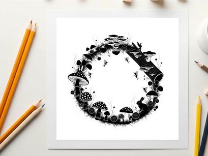 Silhouette of various mushrooms and fungi in a circular pattern