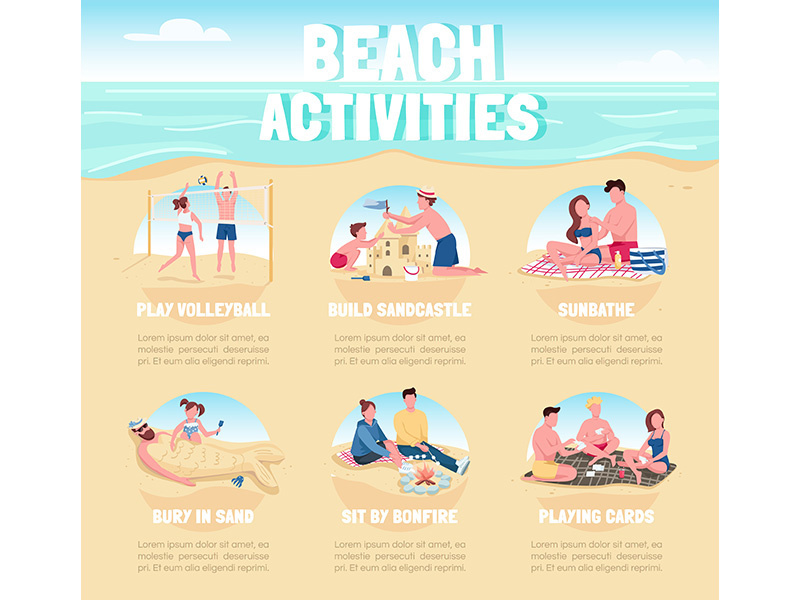 Beach activities flat color vector informational infographic template