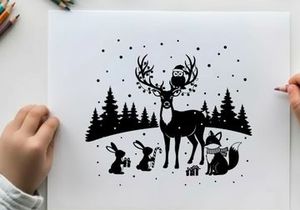 Winter wonderland scene with silhouette of reindeer and friends