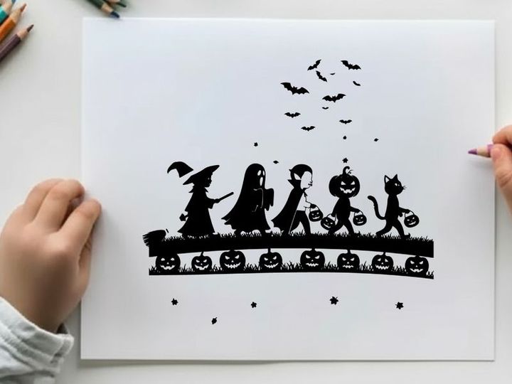 Halloween silhouette of children and pets in costume