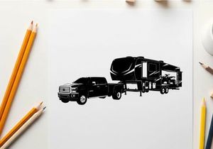 Silhouette of a pickup truck towing a large rv
