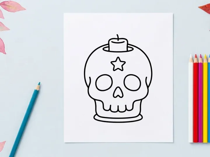 Halloween skull with chef hat and star decoration. Spooky cartoon character for festive cooking or baking designs.