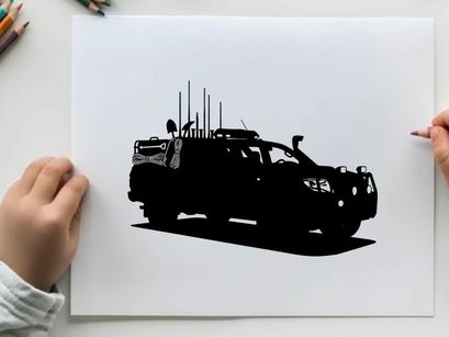 Silhouette of a rugged off road vehicle with communications equipment