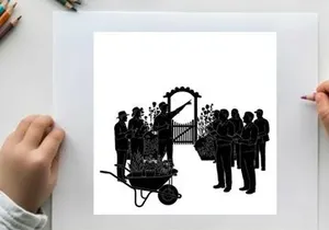 Silhouette of a group gathered around a hearse at a cemetery gate