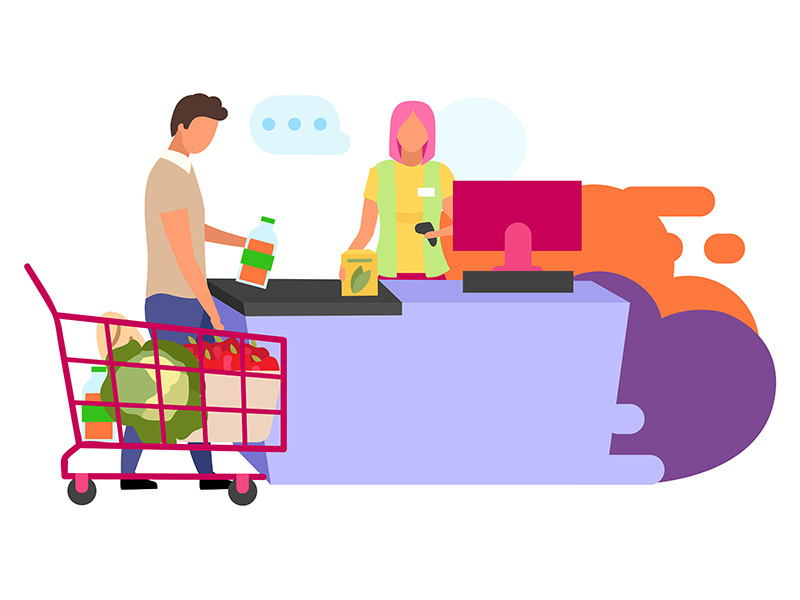 Shopping at supermarket flat vector illustration