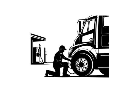 Silhouette of a man checking a large truck tire at a gas station silhouette