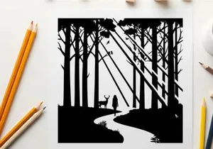 Silhouette of a person and deer in forest
