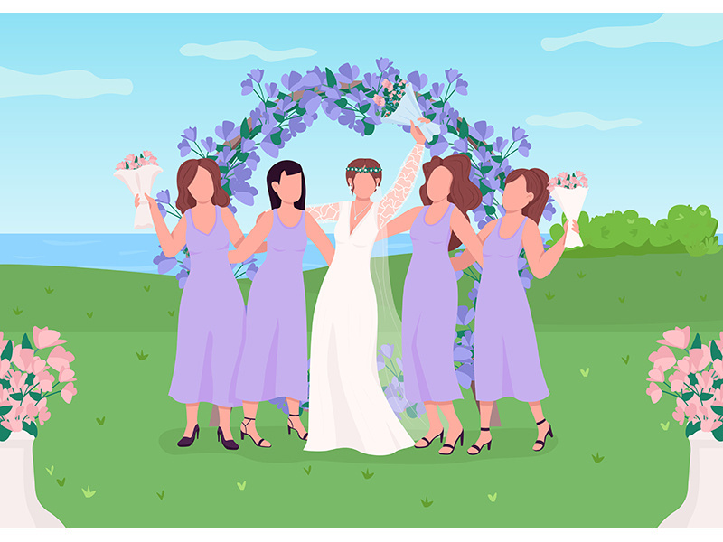 Bride with bridesmaids flat color vector illustration