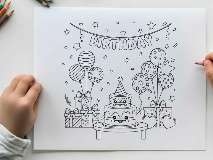 Birthday party celebration with cake and balloons vector illustration