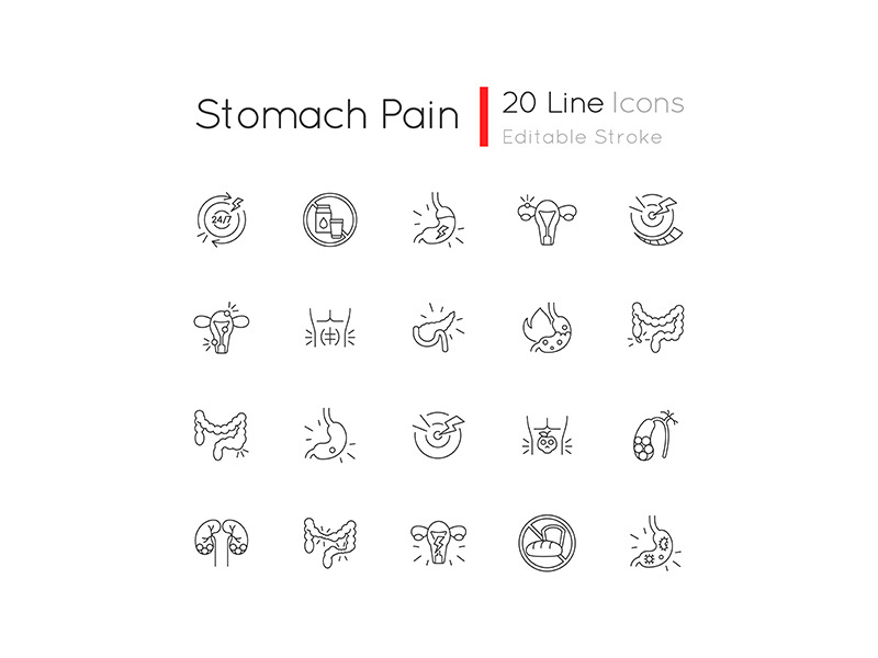 Stomach pain linear icons set