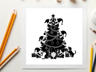 Christmas tree silhouette with cats and jester hats