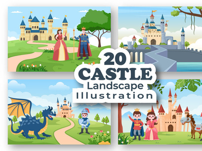 20 Castle with Prince and Queen Cartoon Illustration
