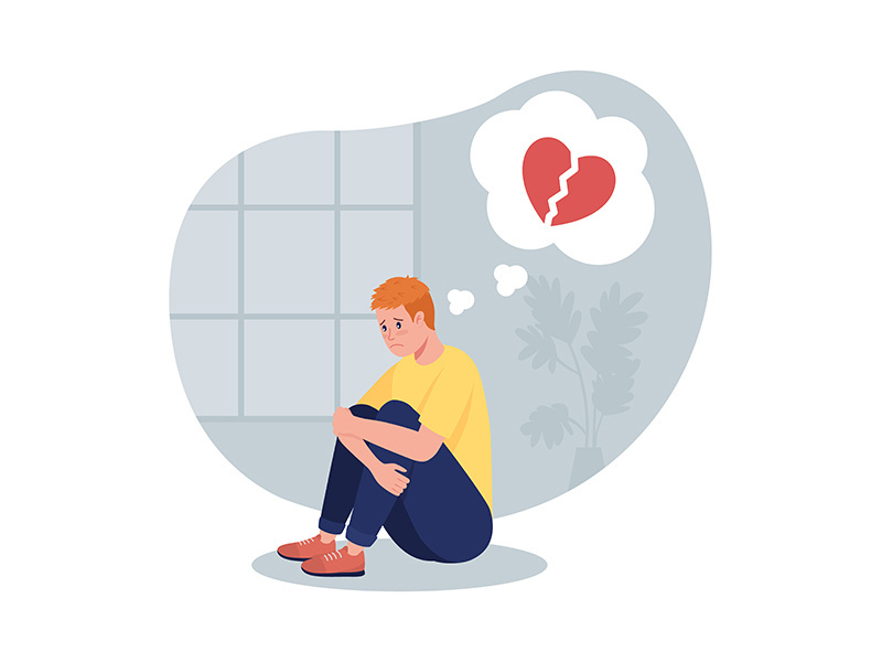 Stressed teen boy sit alone thinking of break up 2D vector isolated illustration