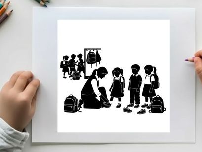 Silhouette of children and teacher in a school setting with backpacks