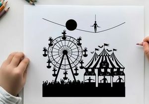 Silhouette of a carnival at night with a ferris wheel and tent silhouette