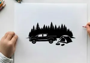 Camping silhouette with truck and tent in forest