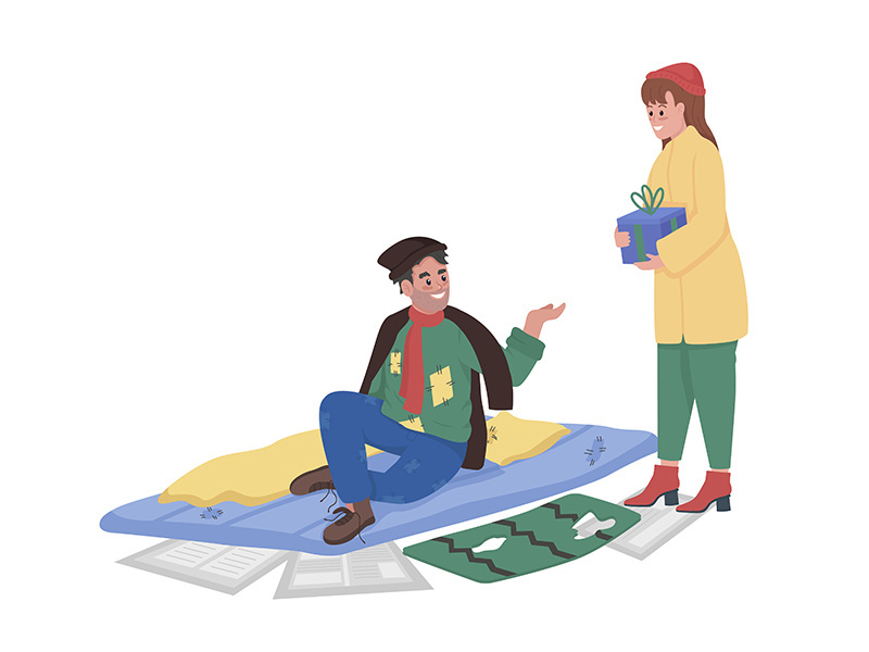 Girl giving gift to homeless person semi flat color vector characters